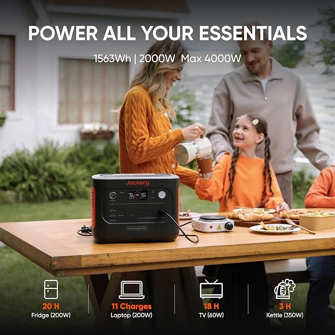 Jackery Explorer 1500 v2 Power Station, 1536Wh LiFePO4 Solar Generator, 2000W Output (4000W Peak), 1 H Fast Charge, 10ms UPS, for Outdoor, Emergency Backup, Camping, RV, Off-Grid