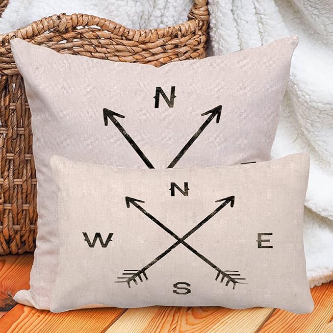 Leaveland Magic Arrow Compass North South West East 12x20 Inch Cotton Linen Square Throw Pillow Case Decorative Durable Cushion Slipcover Home Decor Standard Size Accent Pillowcase
