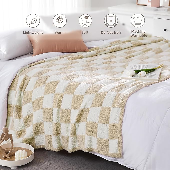 WRENSONGE Checkered Throw Blanket, Beige Soft Cozy Fluffy Warm Hand Made Throw Blankets for Couch, Sofa, Chair, Bed, Camping, Picnic, Travel Lightweight Bed Blanket - 50"*70"