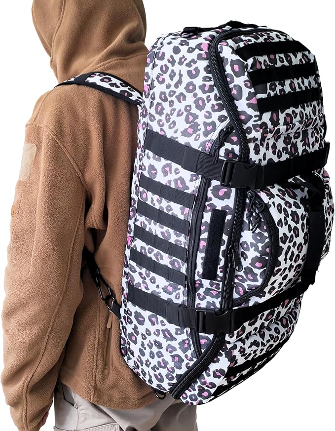Hannibal Tactical 65L Large Duffle Bag, 3-in-1 Tactical Backpack MOLLE Pack for Sports, Gym, Outdoor, Leopard