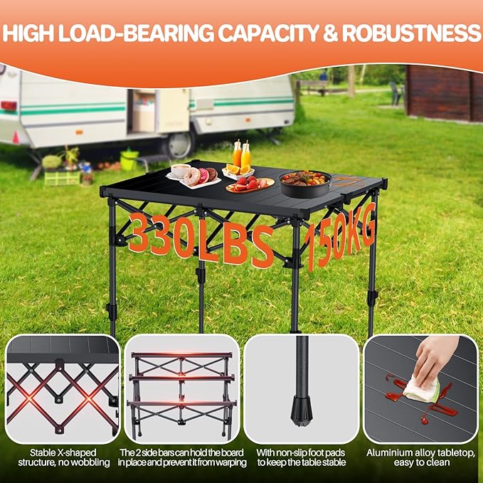 FUNYKICH Folding Camping Table(L26.4''xW22.8''), Aluminum Roll-up Portable Picnic Table with 2 Adjustable Height(17.3'' & 27.6'') for Picnic, Camping, BBQ, Party, Backyard, Beach
