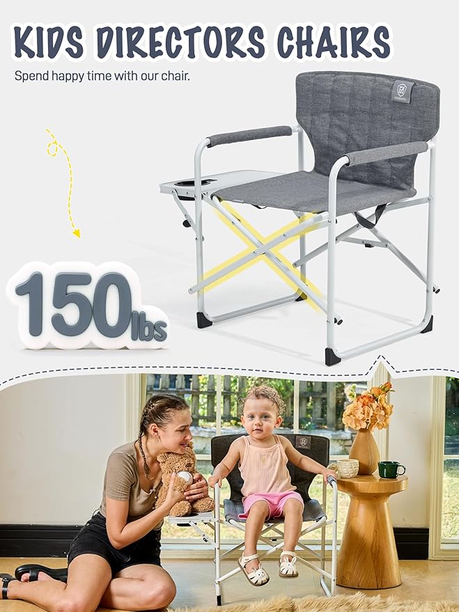 EVER ADVANCED Kids Directors Chair with Side Table, Padded Kids Folding Camping Chair Outdoor with Safety Lock, Lightweight Portable Camp Chairs for Beach, Balcony, Patio, Supports 150lbs, Grey