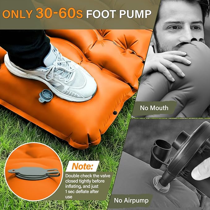 FUN PAC Camping Sleeping Pad, Ultralight Camping Pad with Pillow Built-in Foot Pump Inflatable Sleeping Pads Compact for Camping Backpacking Hiking Traveling - Orange