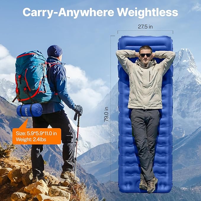 OGERY Sleeping Pad, Ultralight Inflating Sleeping Pad for Camping with Pillow Built-in Foot Pump, 6" Extra-Thick Reinforced Camping Pad for Hiking, Backpacking, Tent, Single,Blue