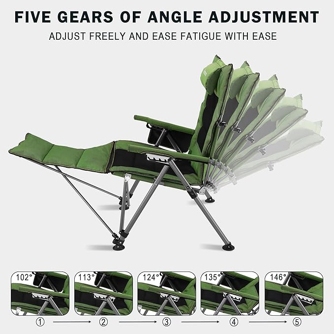 Folding Camping Chair for adults-3-in-1 Heavy Duty Foldable Camp Chair with Detachable Footstool, Padded Pillow, Cup Holder & Carry Bag,5-Speed Adjustable,400 LBS Capacity