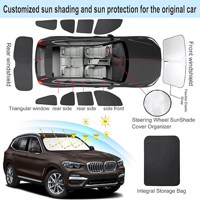 10PCS Windshield Sunshade Custom Fit for 2018-2024 BMW X3 Accessories Foldable Sunshade Side Rear Window Shade Cover Full Set Privacy Protection Keeps Car Cool