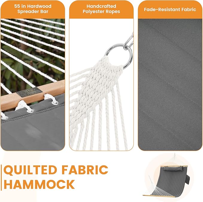 Lazy Daze Hammocks 2 Person Double Quilted Fabric Hammock with Spreader Bar, Detachable Pillow, Side Pocket, Carabiners, Chains, Straps for Outdoor, 450lbs Capacity, Grey