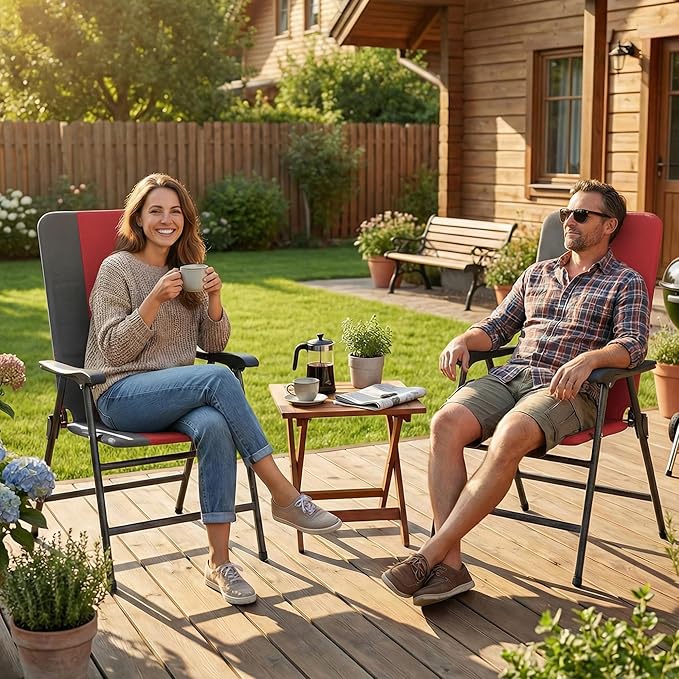 Outsunny Folding Patio Chairs Set of 2, Padded High Back Folding Lawn Chairs with Armrests, 600D Oxford Fabric, Portable Outdoor Camping Chair Set for Deck, Garden, Backyard, Red