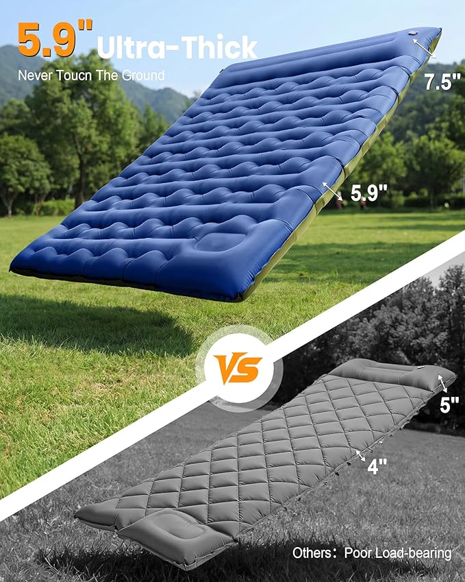 Double Sleeping Pad for Camping, 5.9 Inch Thick Self Inflating Sleeping Mat for Camping with Built in Pillow and Foot Pump, 2 Person Camping Mattress for Backpacking Hiking