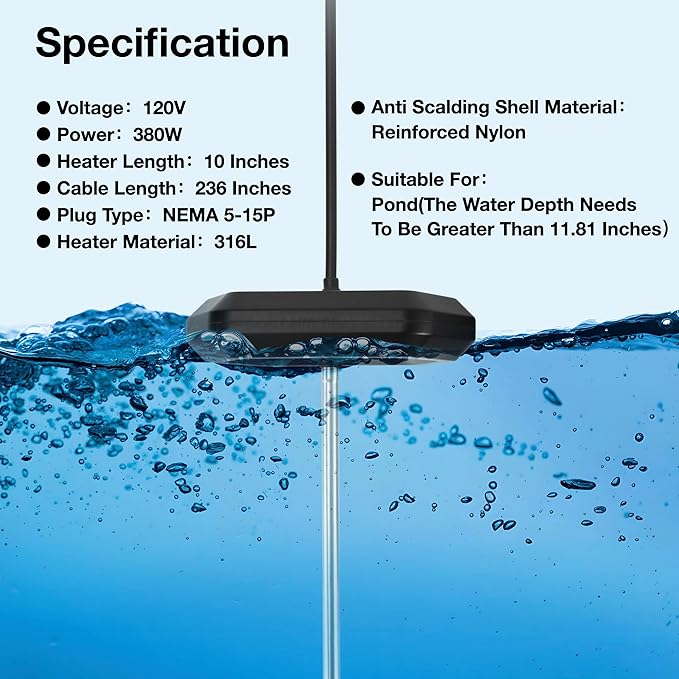 GRILLME Pond De-icer,380 Watt Plastic Floating Pond Heater for Outdoor Ponds with Fish,19.69 FT Power Cord,Winter Survival Solution for Fish