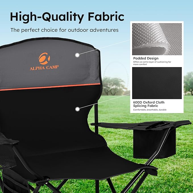 ALPHA CAMP Camping Chairs 350LBS Capacity, Heavy Duty Folding Chair with 4-Can Cooler Bag, Portable Outdoor Chair with Cup Holder for Adults, Collapsible for Tailgating, Beach, Fishing,Black,2PC
