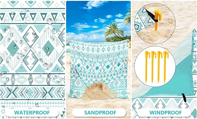 HIHOHO Beach Blanket Waterproof Sandproof Beach Mat for 1-8 Adults Quick Drying Durable Outdoor Picnic Mat for Beach Festival Travel Camping Hiking (Vintage-Green, 79"×83"(4 Person))