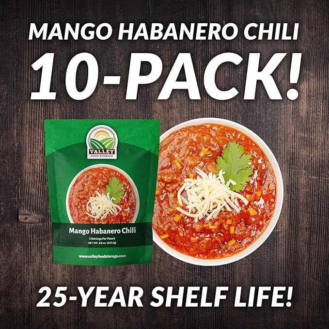 Valley Food Storage Mango Habanero Chili | 10-Bag Bucket, 50 Servings | Premium Emergency Food Supply, 25 Year Shelf Life | Survival Meal Kits, Prepper Food & Off-Grid Living Supplies, Packaged in USA