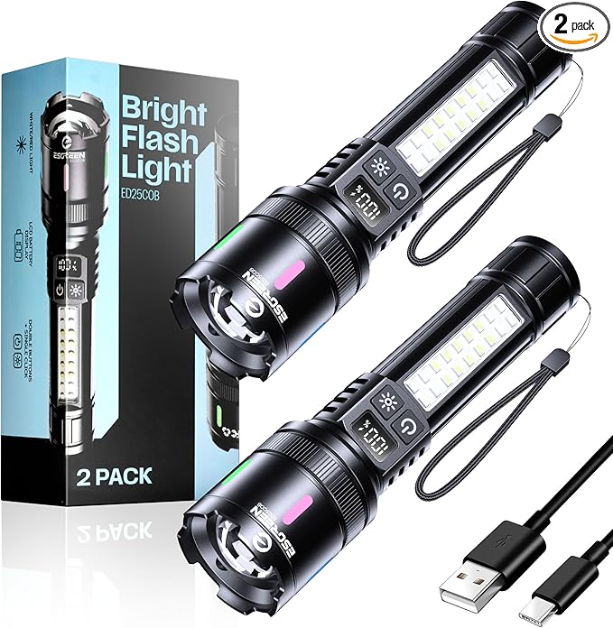 Esgreen LED Rechargeable Flashlights High Lumens 20000 2 Pack, Single Click Bright Flashlight Long Lasting 12H, Compact Handheld Flash Light USB C, White & Red Light, for Hiking Camping Gift