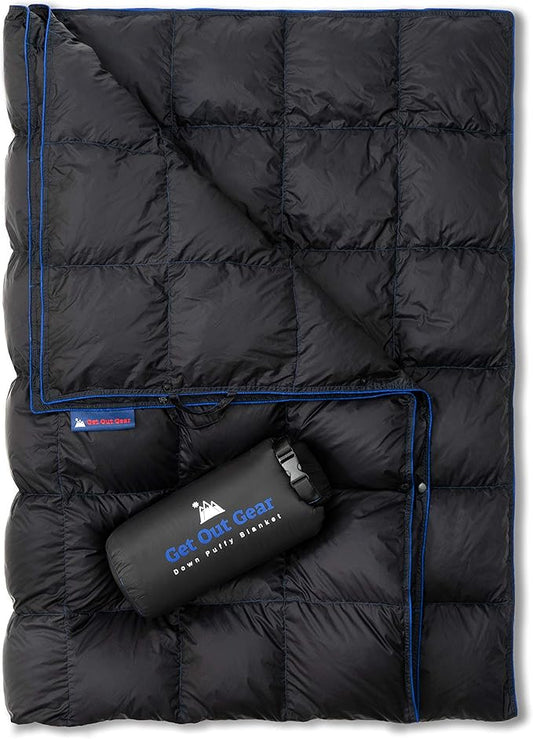 Get Out Gear Down Camping Blanket - Puffy, Packable, Lightweight and Warm | Ideal for Outdoors, Travel, Stadium, Festivals, Beach, Hammock | 650 Fill Power Water-Resistant Backpacking Quilt
