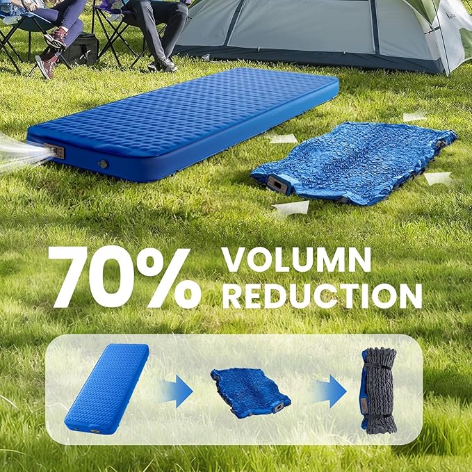 Self Inflating Sleeping Pad with Electric Pump 4 Inch Ultra Thick Memory Foam Sleeping Pad for Camping All Season Single Size Portable Automatic Inflatable Camping Mattress for Travel, Tent (Blue)