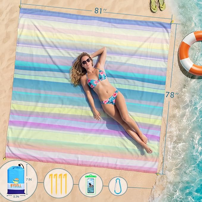 BYDOLL Beach Blanket 78''X81'' Waterproof Sandproof Suits1-4 Adults Oversized Lightweight Large Blanket Picnic Mat for Beach Sand Free Travel Camping Hiking Picnic