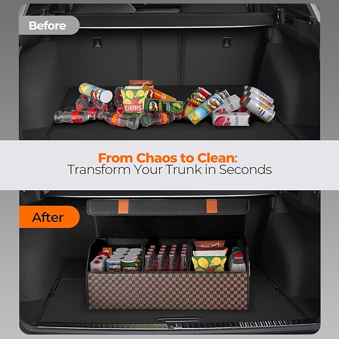 Fyzeoty Car Organizers and Storage - Trunk Organizer for Suv Car,Car Trunk Leather Storage Box,Extra Large,Magnetic Lid,Collapsible and Adjustable