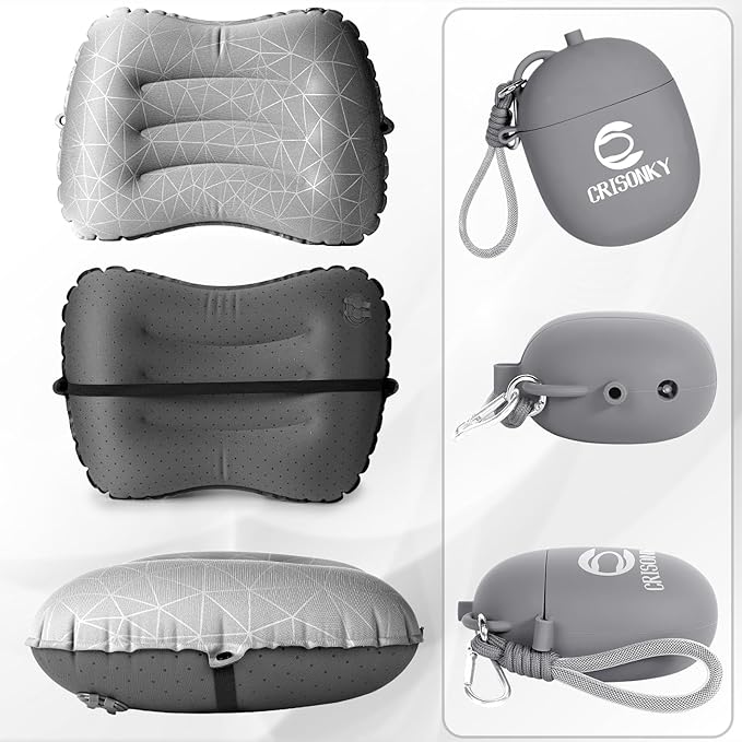 Crisonky Camping Inflatable Pillow with 2-in-1 Silicone Air Pump Storage Bag – Ultralight Travel Pillow for Airplane, Lumbar Support, Dual Valve Easy Inflate, Compressible Ergonomic (Grey)