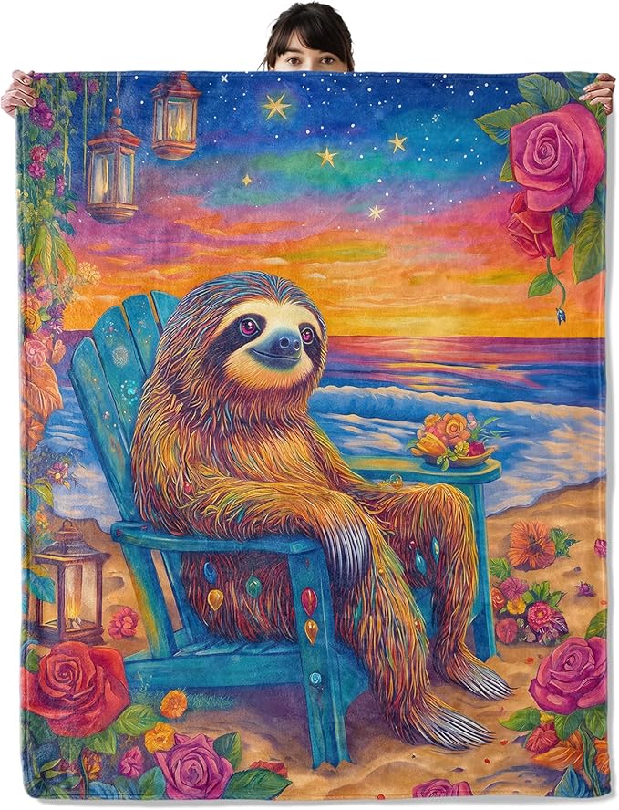 Beach Sloth Illustration Blanket, Cozy Flannel Relaxed Sloth Throw Blanket, Soft Fuzzy Blankets for Travel Home Decor, All Season Lightweight Couch Bed Cover, Gifts for Women Kids 60"×80"