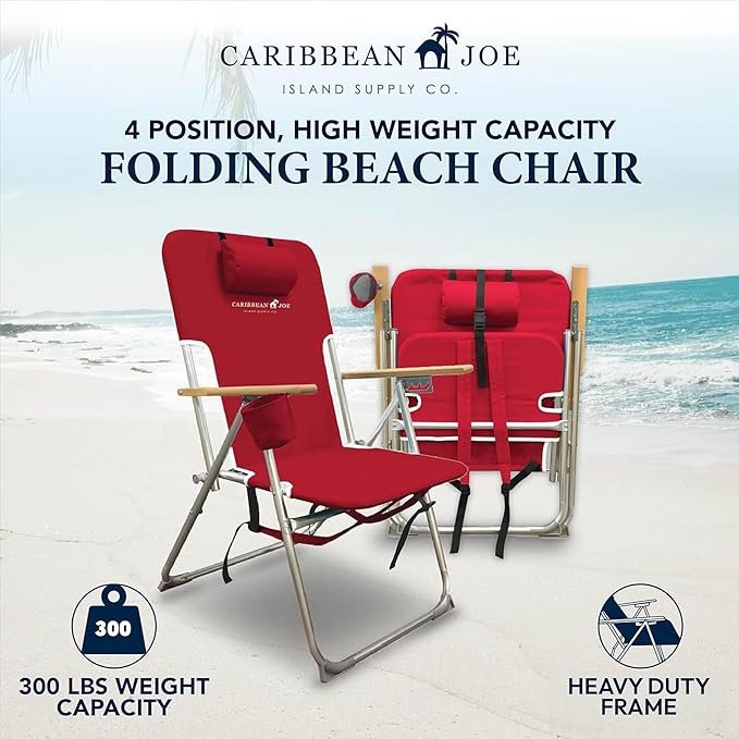 CARIBBEAN JOE Folding Beach Chair, 4 Position Portable Backpack Foldable Camping Chair with Headrest, Cup Holder, and Wooden Armrests