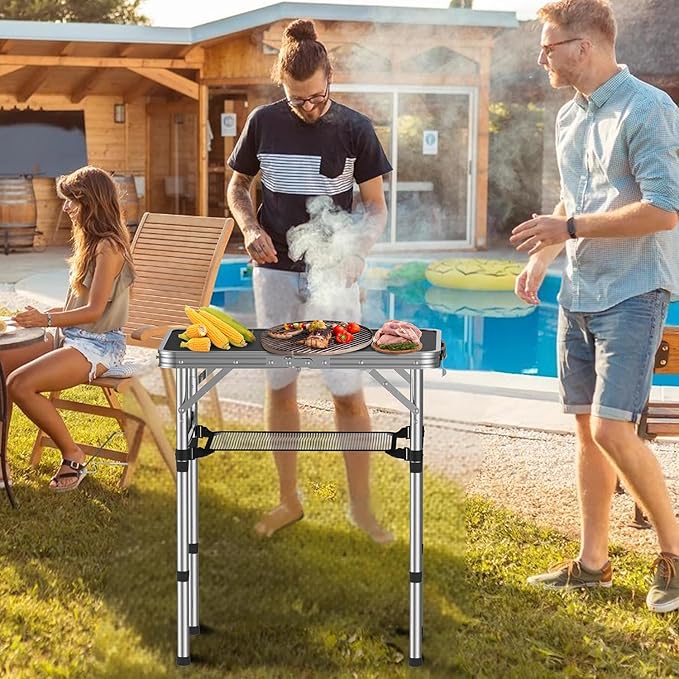 Folding Camping Table, 2 FT Folding Portable Camping Table, Outdoor&Indoor Picnic Table with 3 Adjustable Height Max 27.1",Lightweight Aluminum Camping Tables, Car Camping Essentials-Black