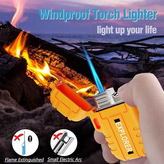 Torch Refillable Windproof Outdoor Gas Lighter - Adjustable Jet Flame, Fireplace, Fireworks, Grill, Camping, BBQ - Gifts for Men. (Orange)