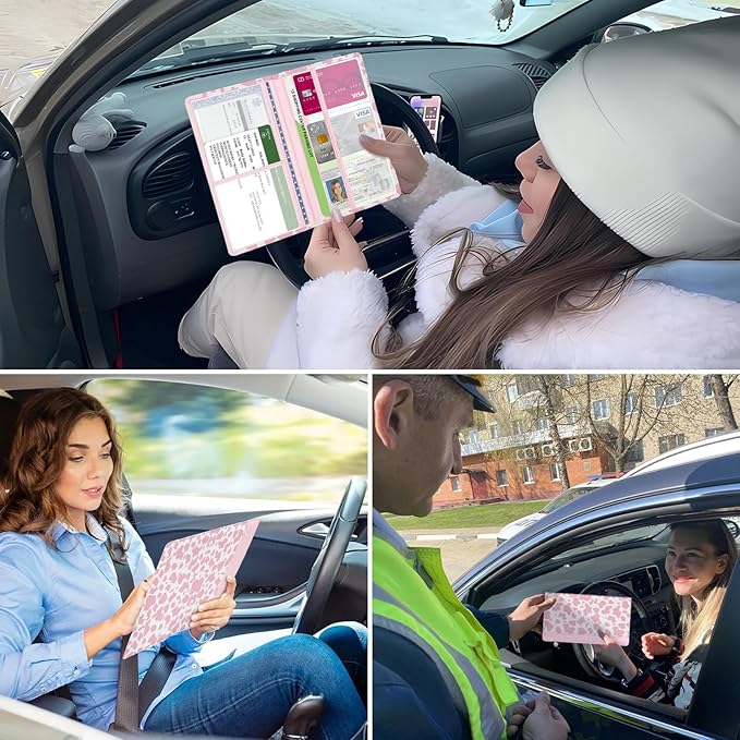 Car Registration and Insurance Holder, with Magnetic Closure for License, Cards and Documents, All Vehicle Needs and Car Accessories (Cow-Pink)
