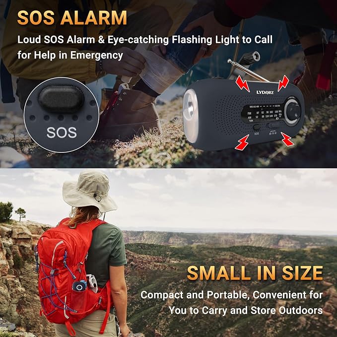 Emergency Crank Weather Radio, Solar Hand Crank Portable AM/FM/NOAA, 3 Mode Flashlight, SOS for Home and Outdoor (Black)
