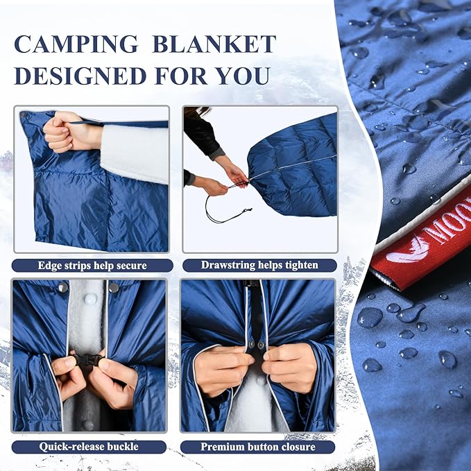 MOOX Down Camping Blanket - Packable Down Camping Quilt Backpacking Lightweight Waterproof Outdoor Hiking Stadium Warm Puffy Sleeping Bag 55"x79" Water Resistant Camp Travel Blanket, Blue Gray