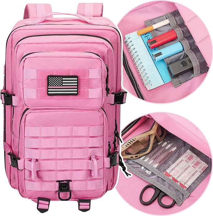 Hannibal Tactical MOLLE Assault Backpack, Tactical Backpack Military Army Camping Rucksack, 3-Day Pack Trip w/USA Flag Patch, D-Rings, Pink