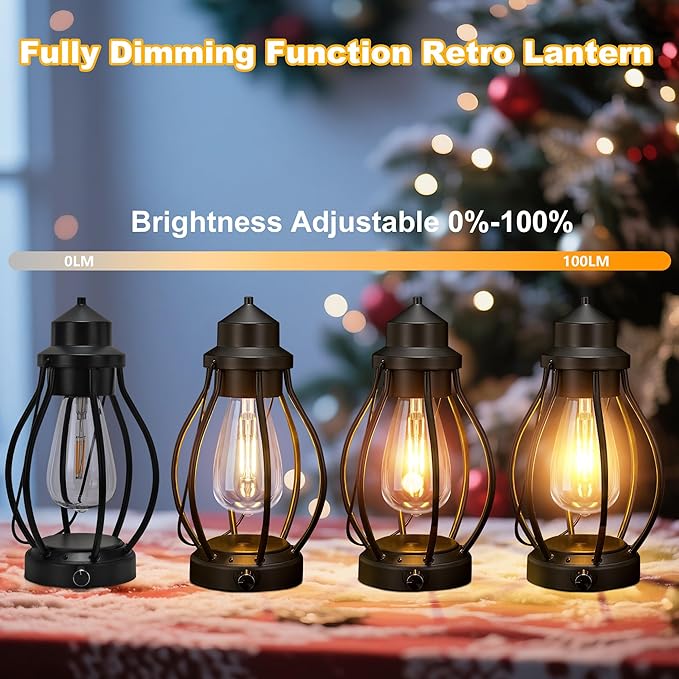 pearlstar Rechargeable Camping Lanterns 2 Pack Black Portable LED Decorative Lamps Outdoor Indoor Battery Operated/USB-C Charge, Dimming Edison Blub light with Timer, for Table Patio Garden Yard Porch