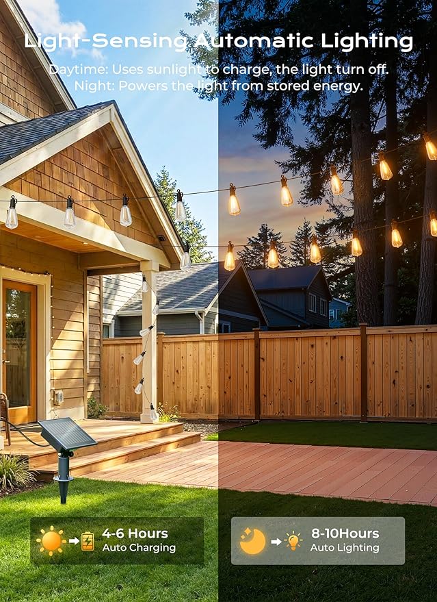 Brightown 52FT Solar String Lights Outdoor Waterproof, Patio Lights with Remote and 15+1 LED Shatterproof Bulbs, Dimmable & Timable, 3 Light Modes, Solar Lights Outdoor for Yard Garden Camping Party