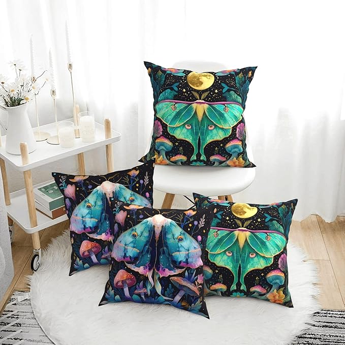 Flowers Moth Throw Pillow Covers 18 X 18 Inch Set of 4 Decorative Cushion Cover Home Decor for Sofa Chair Couch Bedroom Living Room
