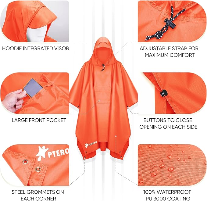 PTEROMY 3-in-1 Hooded Rain Poncho for Adult with Pocket, Waterproof Lightweight Unisex Raincoat for Hiking Camping Emergency