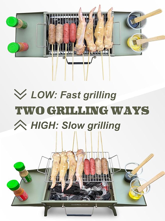 Charmline 14 x 9 inches Portable Charcoal BBQ Grill, Foldable Compact Camping Barbecue for 1–3 People, Ideal for Garden, Beach, Picnic & Tabletop Use, Green