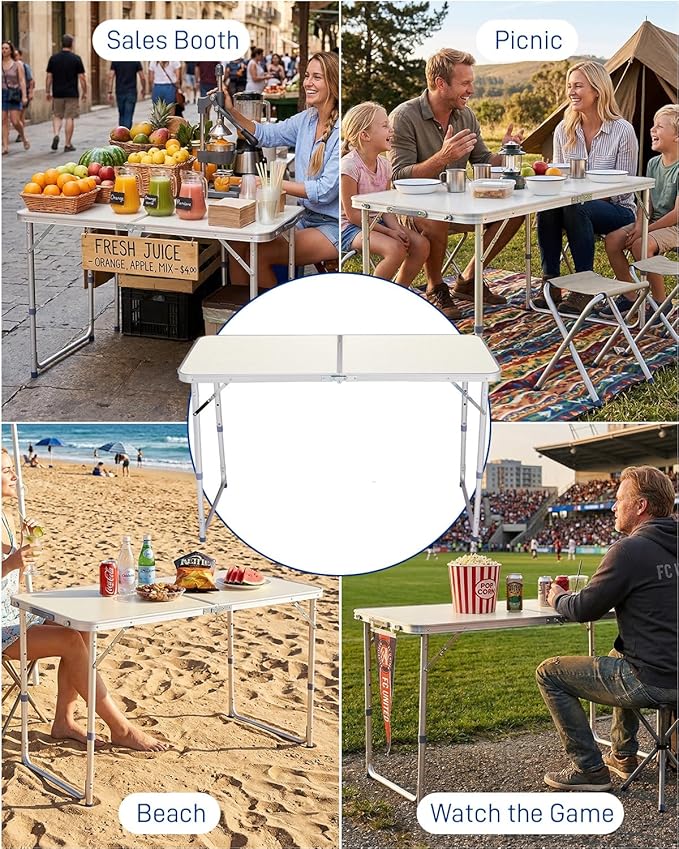 Outvita 4ft Portable Folding Camping Table, Outdoor Waterproof Adjustable Height Table, Aluminum Lightweight Suitcase Foldable Table for Picnic BBQ Beach Dining