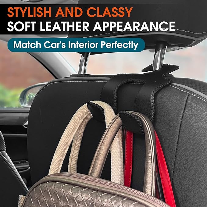 Car Headrest Hooks for Purses and Bags, Upgraded 2 in 1 Cars Back Seat Head Rest Hanger Vehicle Leather Organizer Storage Holder Hook Matching Cars Interior, 2-Pack, Beige