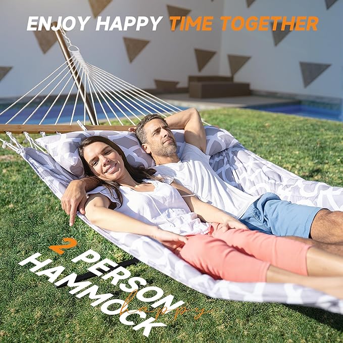 Everyfun 2 Person Outdoor Hammock with Stand, Cotton Rope Hammock with Polyester Pad, Adjustable Steel Frame, Portable with Carrying Bag – for Patio, Backyard, Garden, Beach, Cloud-Gray
