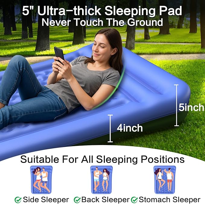 Double Sleeping Pad for Camping, Extra Thick 5 Inch Self-Inflating 2 Person Camping Mattress,with Built-In Foot Pump, Insulated Inflatable Trampoline Mat for Backpacking, Hiking, Tents & Winter