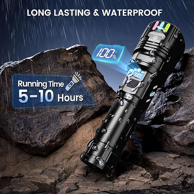 Super Bright Flashlight 100000 High Lumens Rechargeable,Powerful Long Distance 3280ft Strong LED Flash Lights,Long Lasting 10H LCD Digital USB Discharging Function,Focus & Brightness Adjustable