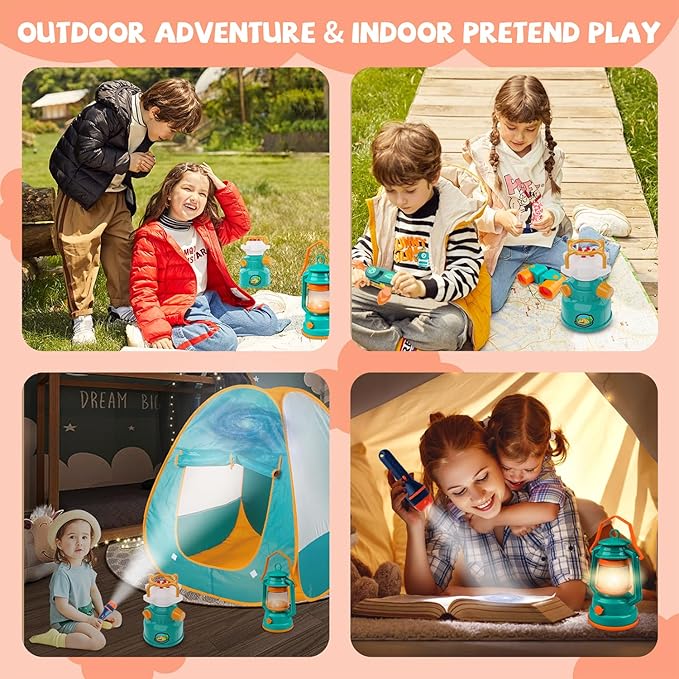 Qtioucp Kids Camping Set Pop Up Play Tent & Space Projector Flashlight- Outdoor Campfire Toy for Toddlers Kids - Pretend Play Camp Gear Tools for Birthday Christmas