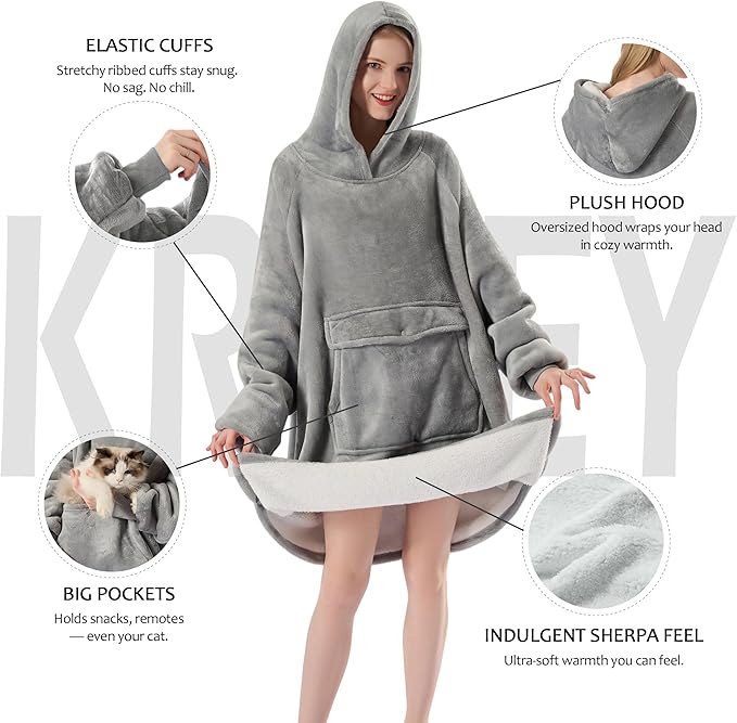 Krifey Wearable Blanket Hoodie, Oversized Sherpa Fleece Sweatshirt with Giant Pocket, Birthday Gifts for Women, Mom, Sister, Light Gray
