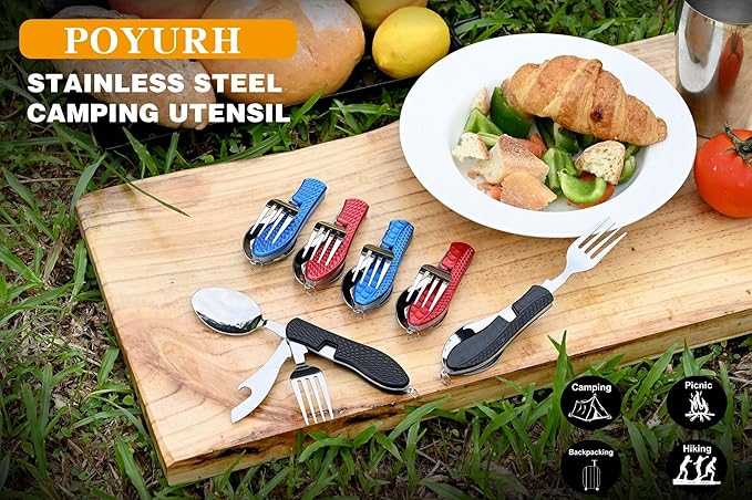 Camping Flatware, Stainless Steel Spoon Fork Knife Bottle Opener 4-in-1 Combo Utensil, Detachable Foldable Cutlery Set for Backpacking Hiking Fishing Scouting - Black