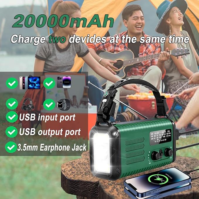 Emergency Hand Crank Radio, NOAA Weather Radio, 20000mAh Rechargeable Solar AM/FM Radio, Portable USB-C Fast Charger, Flashlight, Reading Lamp SOS Alarm for Hurricane Storm Camping Hiking (Green)