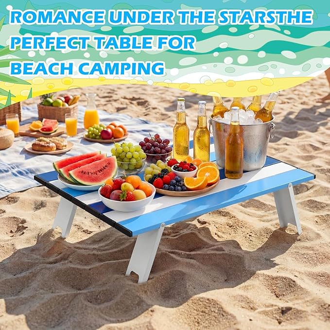 CroBlissful Beach Table Folding Camping Portable Table Striped White Aluminum Side with Carry Bag for Camping Picnics and Outdoor Activities(22x16x5 in,Navy Blue)