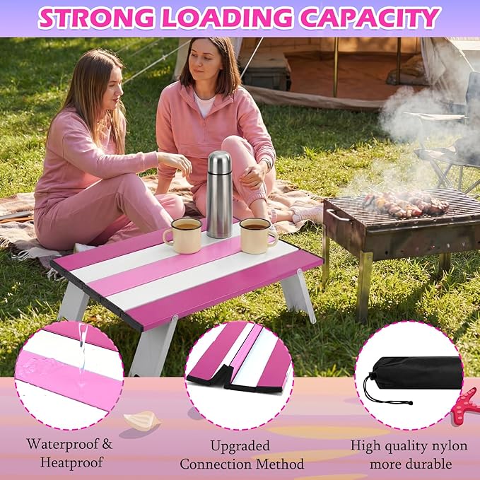 CroBlissful Beach Table Folding Camping Portable Table Striped White Aluminum Side with Carry Bag for Camping Picnics and Outdoor Activities(16x11x5 in,Pink)