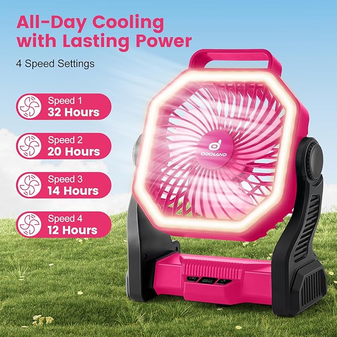 Odoland Rechargeable Camping Fan, 20000mAh Battery Fans with LED Lantern for Tent Car Beach Storm, Portable Light Desk Cooling Fan for Picnic Power Outage Hurricane, Pink