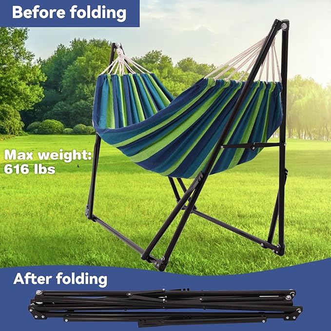Portable Hammock with Stand for Outside Foldable,Frabic Tension Adjustable Indoor,Carrying Bag Included, 616 lbs Weight Capacity, Suitable Garden Yard Outdoor Inhouse Cyan