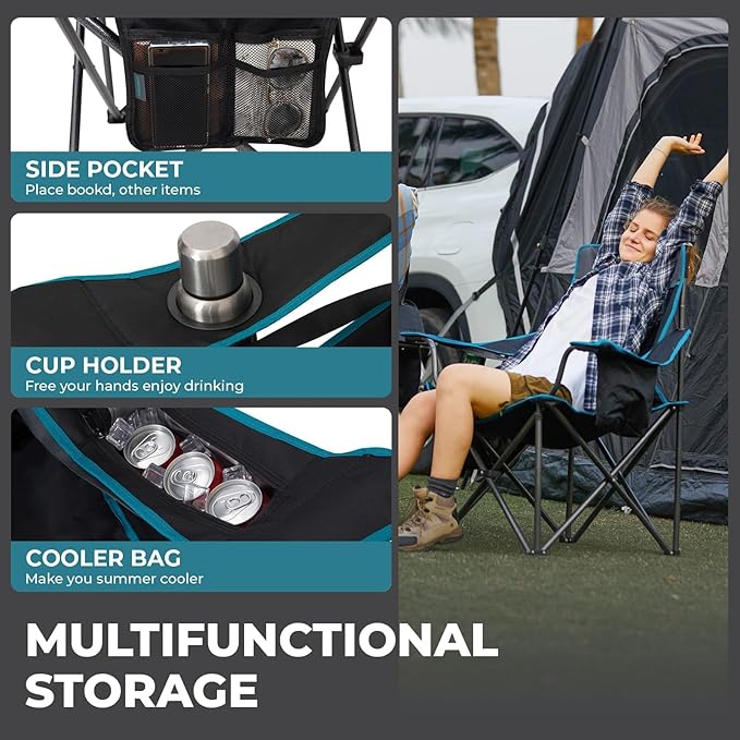 FUNDANGO Oversized Camping Chair for Adults,550lbs Heavy Duty Foldable Portable Lawn Chair with Padded Seat & Back, 4-can Cooler & Cup Holder, Carry Bag Included for Outdoor (Black/Grey)